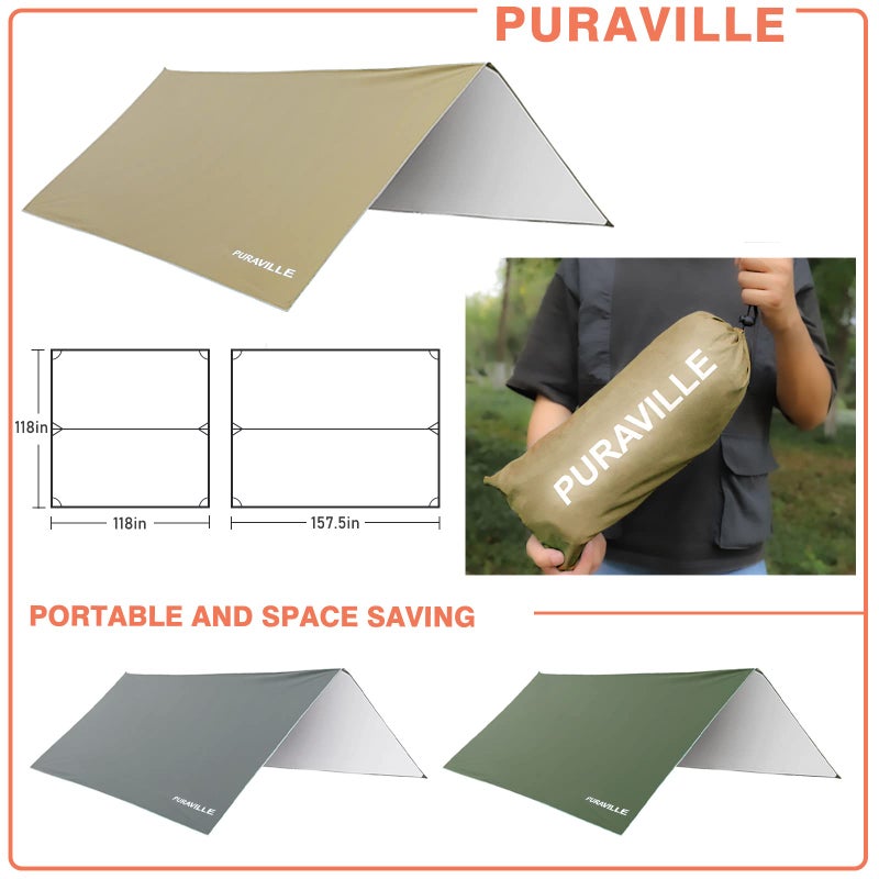 Puraville 10x10 ft Rectangle Lightweight Camping Tarps  Portable Waterproof Hammock Rain Fly Tent Tarp for Camping Backpacking  Khaki - Image 3